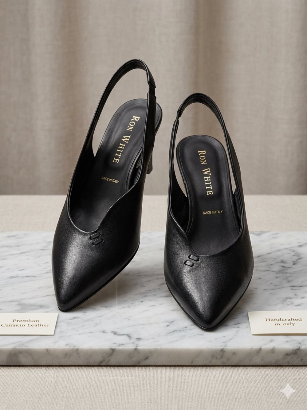 Ron white Black Leather Slingback Pointed Toe Pumps 39